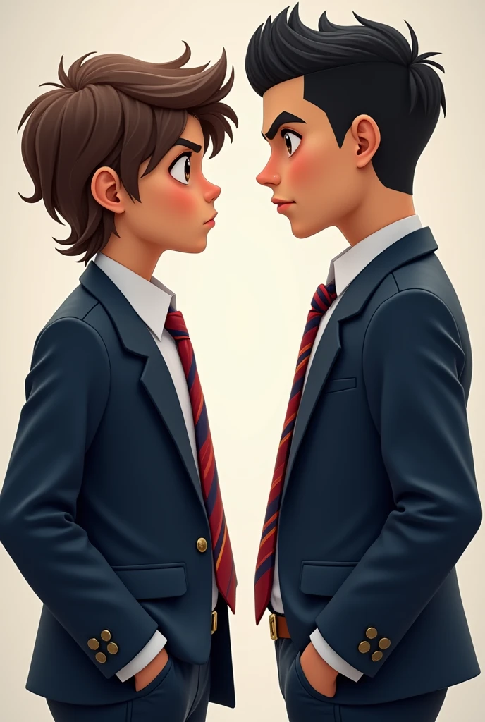 image of 2 boys in their school uniform white long sleeves with red and blue striped neck tie and dark blue blazer. one on the right has short gelled up black hair, brown eye, chiseled jaw and diamond shaped face well build, a height of 6'1 feet and has olive skin tone, he's italian-german. the other one on the right has mid length wavy brown hair, hazel eye, soft chiseled heart shape face, a height of 6'0 feet, he's italian and has light olive skin. both of them on side view looking at each other angrily.