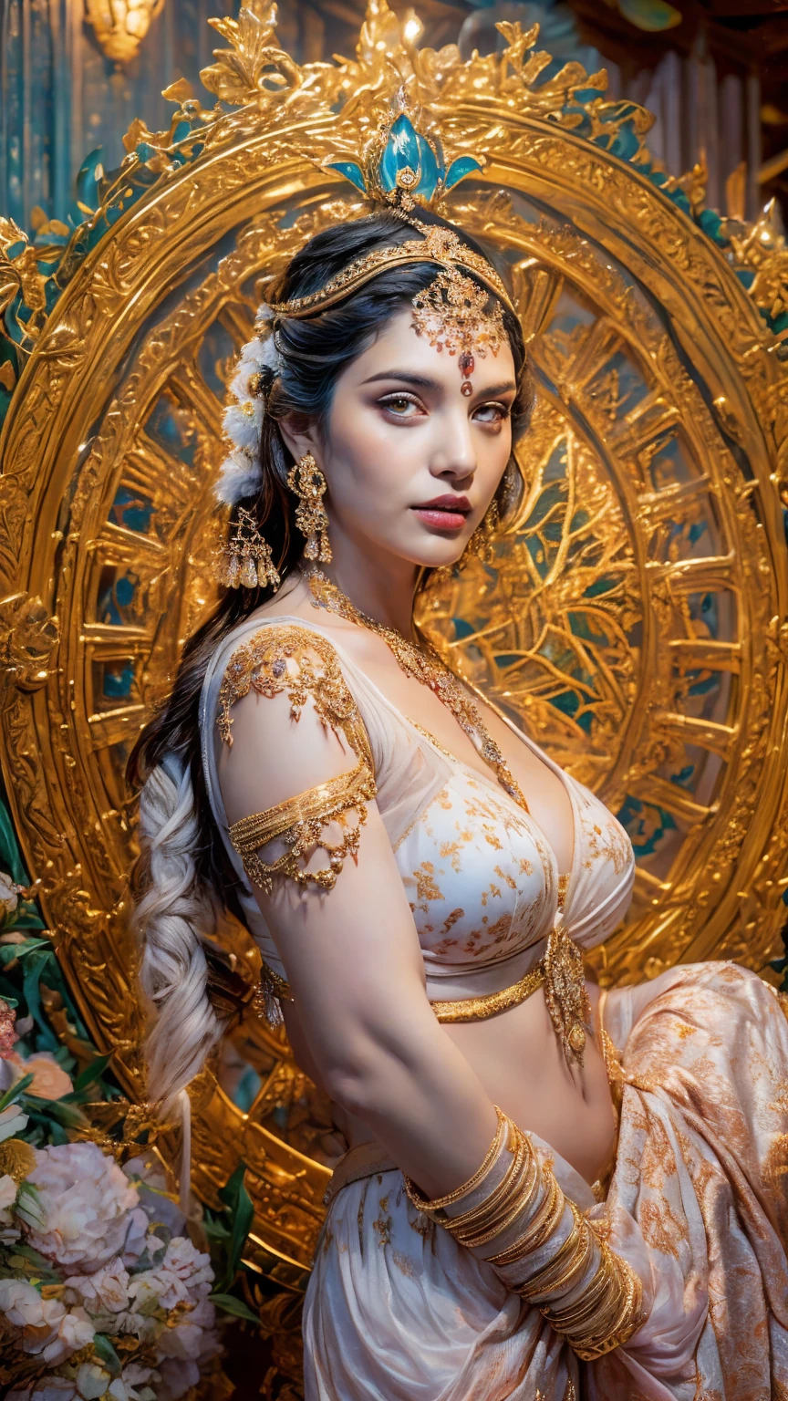 ((Best quality, 8k, Masterpiece :1.3)), Sharp focus :1.2, Generate a realistic image of a beautiful sexy Indian woman plus size body: 8.5, dressed in a white Kasava ghagara and print bra, adorned with traditional ornaments, standing in a well-lit room with cinematic lighting. ((Front view, random elegant pose)), and there is a sense of grace and elegance in her posture. The background should complement the scene, enhancing the overall aesthetic appeal of the image. Photography by Brandon Woelfel, Full shot: Canon EF 16-35mm f/2.8L III USM lens on a Canon EOS 9D Mark IV camera, ultra realistic, 64k, HD