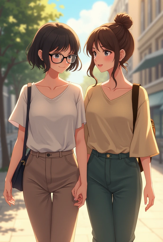 2 girls, a white girl with black eyes and glasses, with brown curls and a short white skirt with a gray shirt that shows off one shoulder and the other girl is brunette with straight black hair and black eyes wearing a short overall., A white top with straps and blush