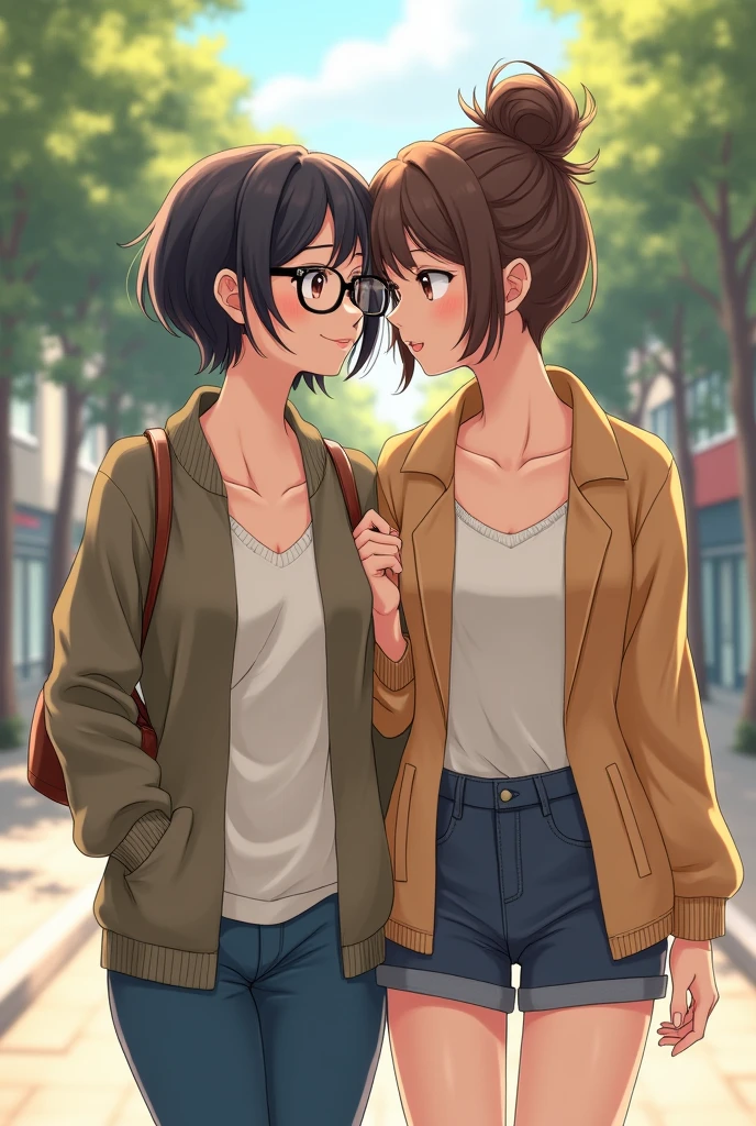 Anime short haired girl with glasses next to a brunette girl with her hair up walking together
