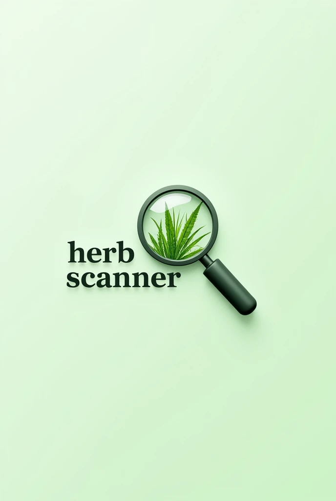 Create a transparent logo featuring a magnifying glass with natural herbs reflected inside the lens. Include the text 'Herb Scanner' in the design, positioned either below or beside the magnifying glass. The style should be clean, professional, and easily recognizable, with the theme focused on herbal identification."