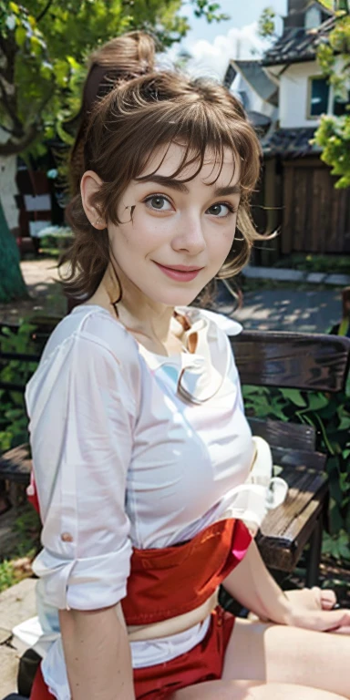 Photo of a 1 European girl, .RAW, beautiful woman, (Light brown hair with ponytail hairstyle ), Ponytail hairstyle ((portrait)), ((detailed face:1.2)), ((detailed facial features)), (finely detailed skin), Pale skin , with freckles on cheeks ,white and red long sleeve shirt, red shorts,  、medium breasts , big smile (cool color), humid, humid, Reflectors, (Tabletop) (perfect proportions)(Realistic photos)(The best quality) (detailed) photographed with a Canon EOS R5, 50mm lens, f/2.8, NffSW, (8k) (wallpaper) (cinematic lighting) (Dramatic lighting) (sharp focus) (Convoluted) , park , whole body, beautiful woman body , posing for camera, sitting on bench , waving at the camera , cuerpo completo , parque , dia soleado , jardín, caminando , limda sonrisa ,chuca alegre 