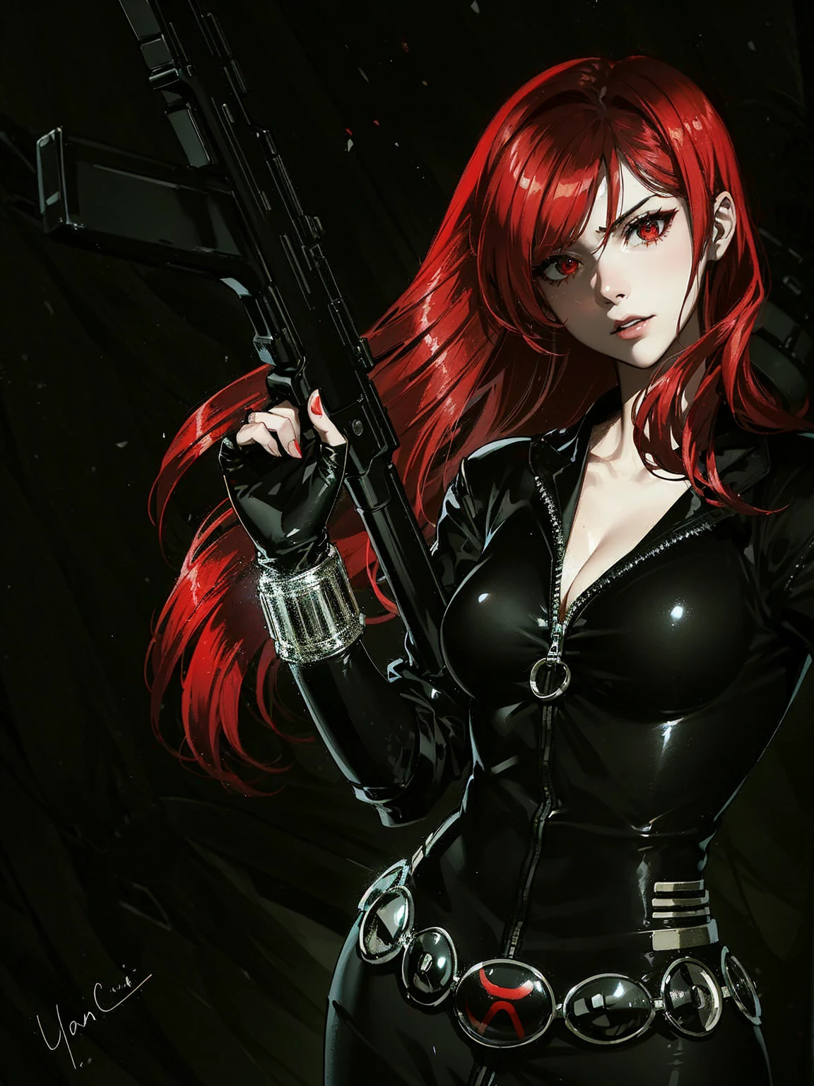 The image features a girl known as Black Widow with red, shoulder-length hair, and dressed in a sleek skin-tight shiny black latex bodysuit with a deep-cut zipper neckline revealing a large chest, the silver zipper running down the front. The suit is complemented by her golden wrist guard on both wrists and a black silver belt made of shiny black circles with a red "black widow" symbol buckle. She handles an AK-47 rifle with her right hand, one on top of the other. She appears with a cute smile on her face. She is set against a dark, black background, which contrasts her appearance and emphasizes her figure. From her intense gaze and serious expression, she appears confident, powerful, and ready for action.