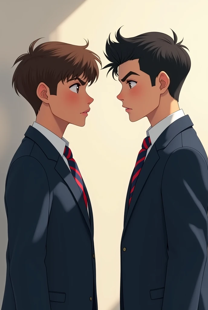 image of 2 boys in their school uniform white long sleeves with red and blue striped neck tie and dark blue blazer. one on the right has short gelled up black hair, brown eye, chiseled jaw and diamond shaped face well build, a height of 6'1 feet and has olive skin tone, he's italian-german. the other one on the right has mid length wavy brown hair, hazel eye, soft chiseled heart shape face, a height of 6'0 feet, he's italian and has light olive skin. both of them on side view looking at each other angrily.
