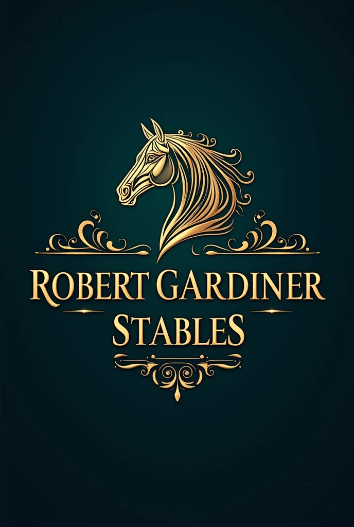 Design a luxurious logo for "Robert Gardiner Stables" featuring an ornate and detailed horse silhouette or head. Use an elegant, sophisticated serif or script font with decorative flourishes for the text. Incorporate rich metallic accents like gold or bronze, paired with deep colors such as navy blue or emerald with no background