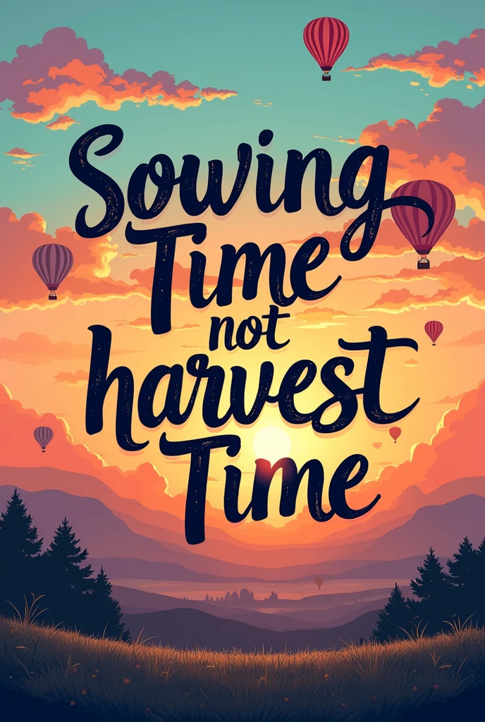 Create a lettering image with the phrase: "Sowing Time, Not Harvest Time" with a vintage style. With a fuchsia color combination, turquoise, orange and purple gradient. The edge of the letters should be with very thin black lines and white highlights.. In the background of the sentence there must be a summer sunset. With hot air balloons in the sky 


