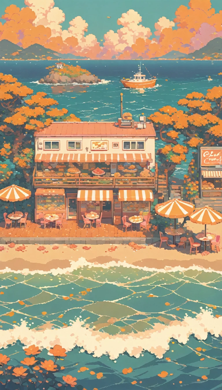 lofi pixel, No people ,Cozy,Orange Pink ,sea food