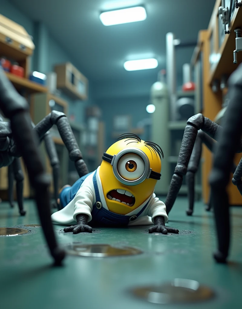 Minion Kevin white scientist suit. under attack by giant spiders. Minion Kelvin lies on the floor with a frightened look on his face. Scene of chaos.
