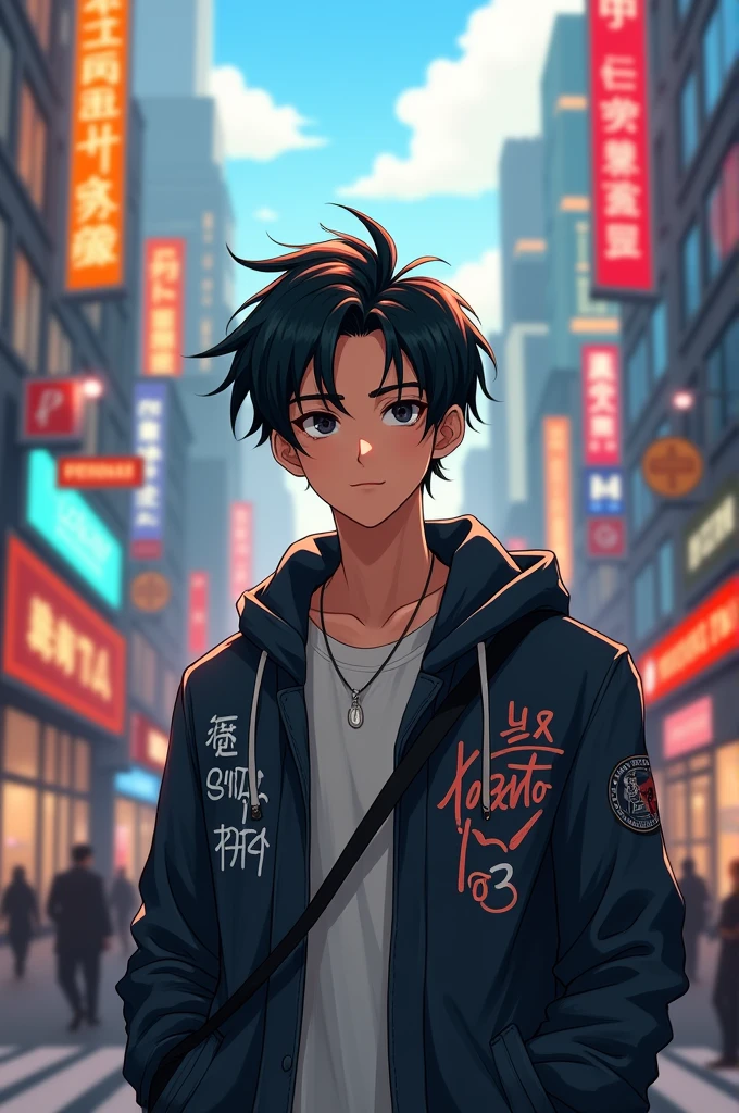 Cowok 19 THN, Handsome, rambutnya hitam bagus, wearing a jacket with A written on it, in urban environments