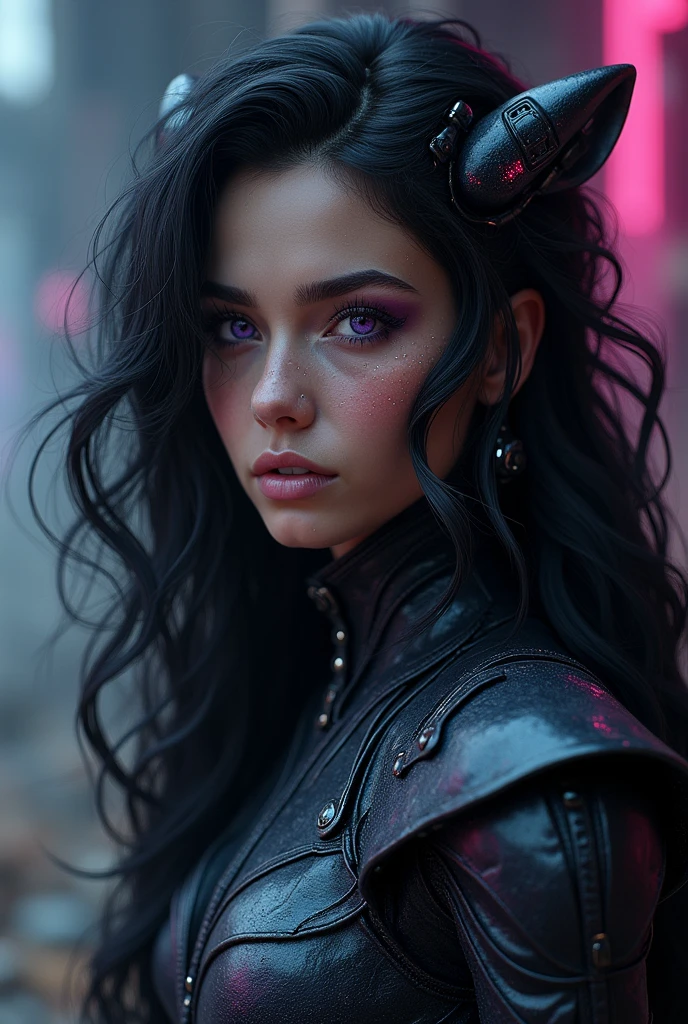 a woman with wavy black hair and purple eyes, black alien armor, freckles, blush, eyeshadow, cute face, (best quality,4k,8k,highres,masterpiece:1.2),ultra-detailed,(realistic,photorealistic,photo-realistic:1.37),concept art, dark fantasy, cinematic lighting, dramatic colors, intricate details
