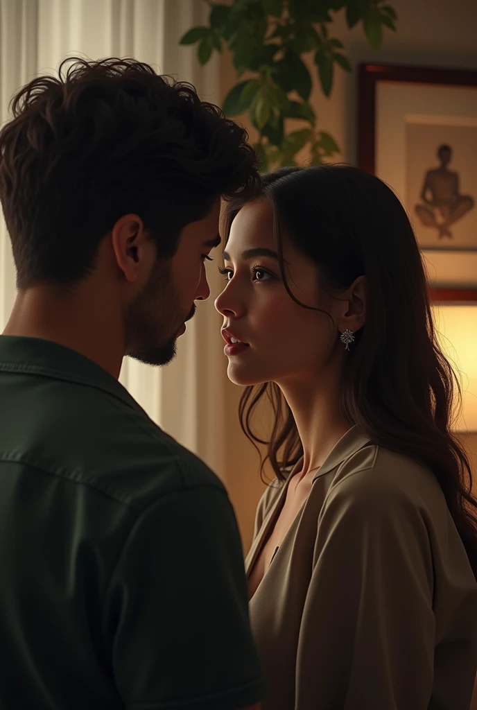 Over-the-shoulder view of a woman talking to a man