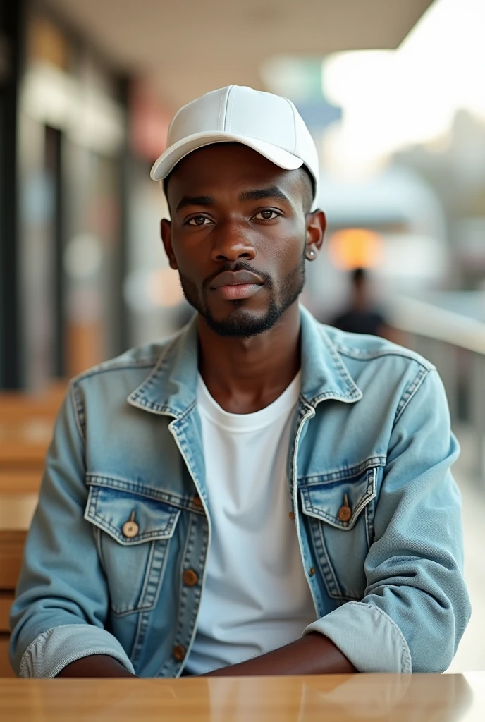 best qualityer:1.4), (ultra high resolution:1.2), (photorrealistic:1.4), (8k, CRU photo:1.2), a thin young man of 20 years old, skin black, with a smooth, beardless face, corte de cabelo buzzcut. He is wearing a white shirt and light jeans.. He is wearing a light denim jacket. is wearing a white cap. He is sitting at a mall table. thin build. 1,75cm tall. It&#39;s sunny. thin build. is looking at the camera. 1,75 cm tall. thin build 