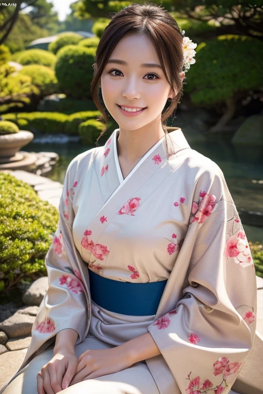 (Photorealsitic:1.4), (Top image quality:1.0), (超A high resolution:1.0), 8K, Raw photography, (masterpiece:0.2), (pureerosface_v1:0.5)、(Best Quality Detail:1.2)、realisitic、8K UHD、hight resolution、(1girl in:1.2)、The ultra-detailliert、High quality textures、intricate detailes、detaileds、Very detailed CG、High quality shadows、Detail Beautiful delicate face、Detail Beautiful delicate eyes、depth of fields、Ray traching,1girl in, japanaese girl, Cute, slender, Kimono with Japanese pattern,Floral scrunchie, Beautiful skin, Facing the front,Sit down, Sit upright and say thank you,Align your hands elegantly,Smile faintly The Land of Japan,Japanese garden,Luxury Japanese-style room, skyporn, Magic Hour, (Realistic:1.3), Finely detailed, quality, (masutepiece:1.2), (Photorealistic:1.2), (Best Quality), (Intricate details), Dramatic, Ray tracing, photograph, +Lola