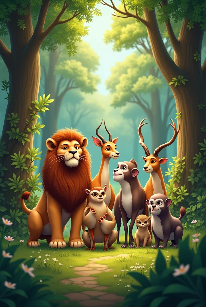 All the animals are standing in a forest