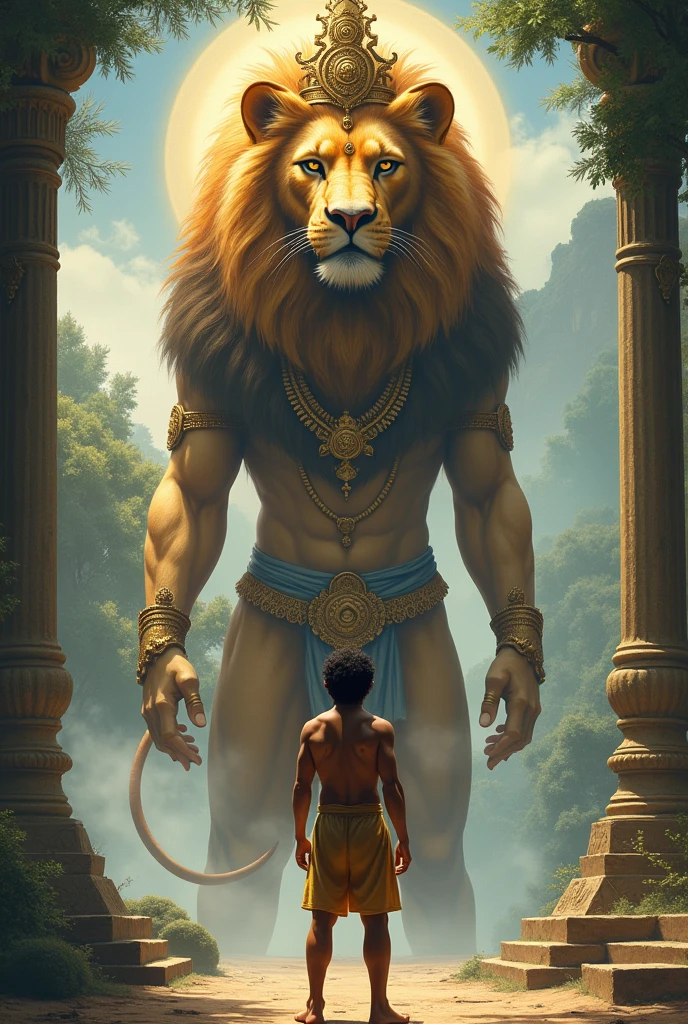 A normal man stand infront of a lord krishna with animal lion