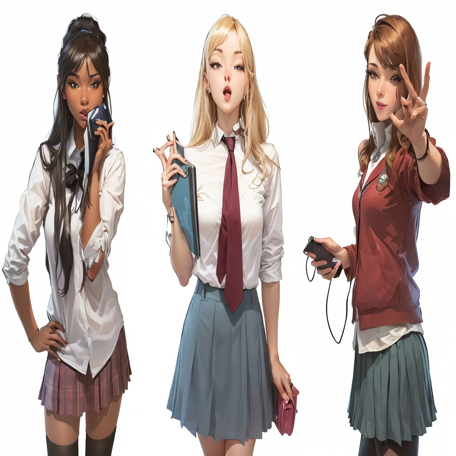three women in school uniforms holding mobile phones and making faces, realistisches schoolgirl, hyperrealistisches schoolgirl, a hyperrealistisches schoolgirl, schoolgirl, Zenescope, Kunst im Stil von Terry Moore, Im Stil von Cory Loftis, Gwen Stacy, Adam Hughes, high schoolgirls, in the style artgerm, backshot, magical