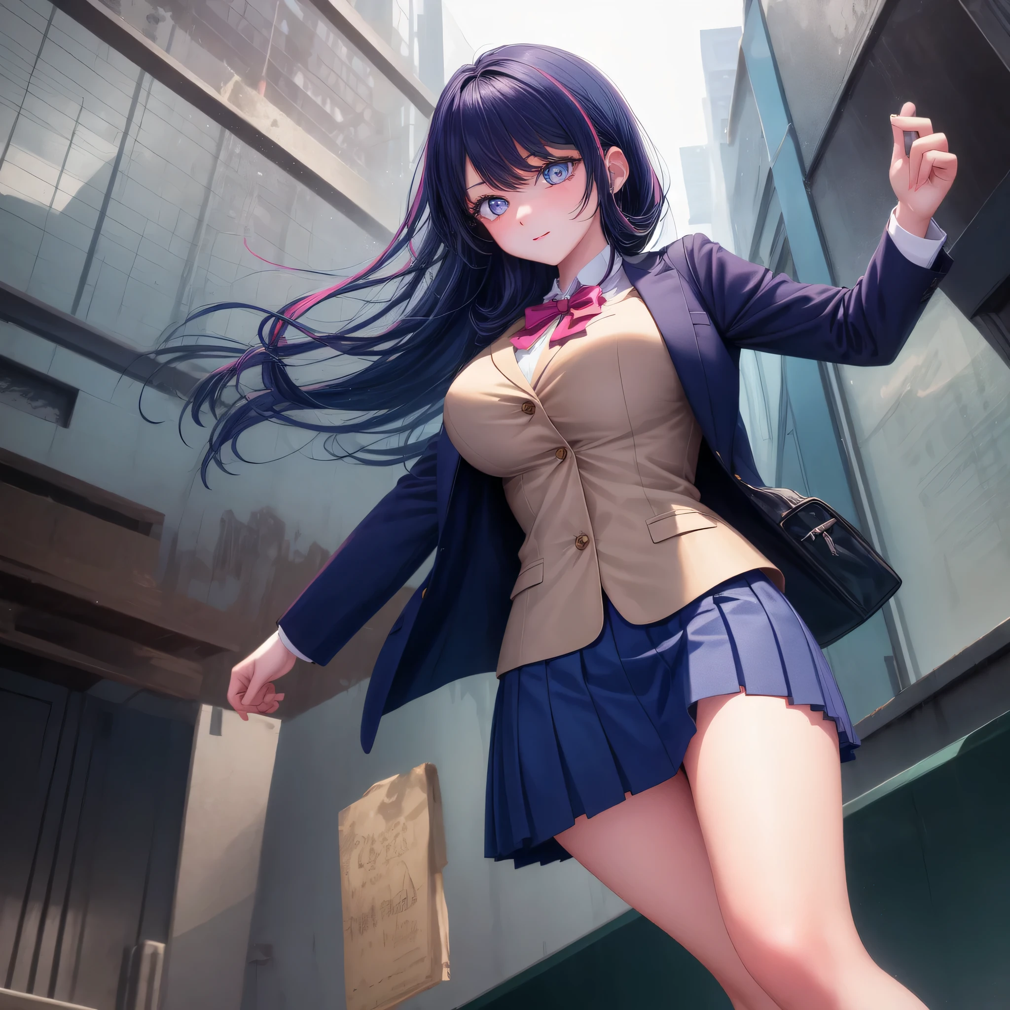 1 girl, alone, high quality, hair bob-style, hair-color:light blue color (hex:8cb9f2), BREAK big tits, beautiful, slender, school, angle from below, school uniform, blazer, short skirt, light-blue-skirt