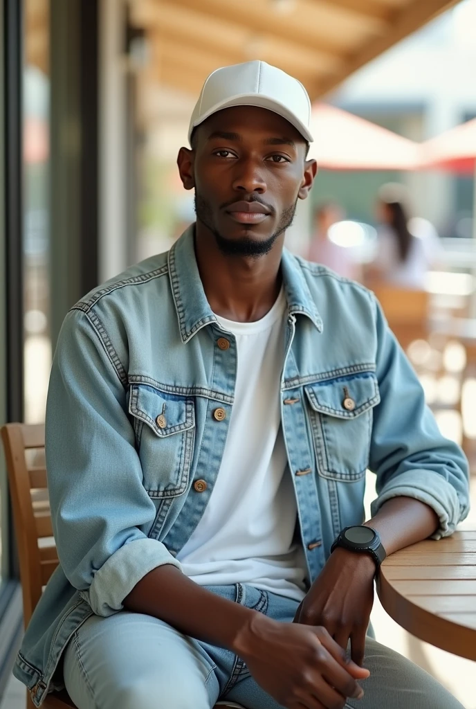 best qualityer:1.4), (ultra high resolution:1.2), (photorrealistic:1.4), (8k, CRU photo:1.2), a thin young man of 20 years old, skin black, with a smooth, beardless face, corte de cabelo buzzcut. He is wearing a white shirt and light jeans.. He is wearing a light denim jacket. is wearing a white cap. He is sitting at a mall table. thin build. 1,75cm tall. It's sunny. thin build. is looking at the camera. 1,75 cm tall. thin build