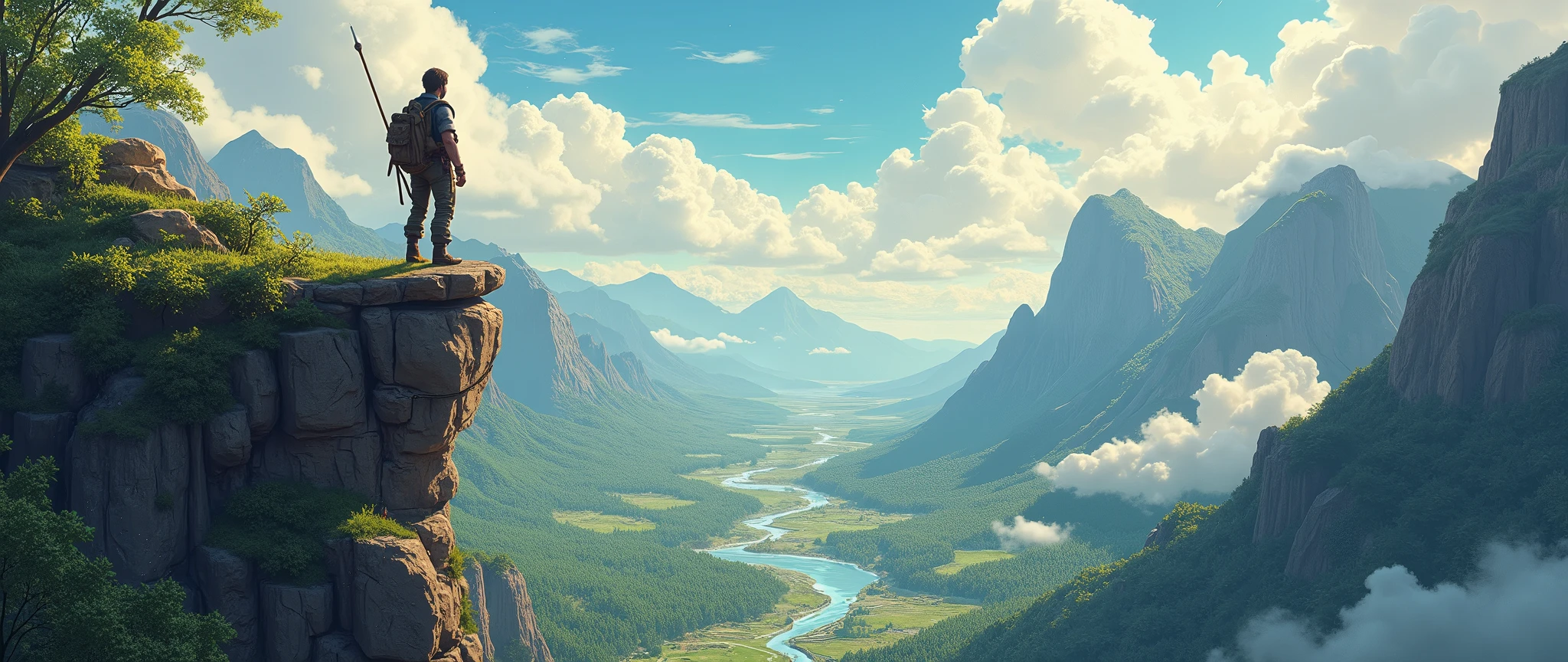 (anime, fantasy, adventurer), an adventurer arrived in the new land, standing on the edge of cliff. {4k texture} {detailed landscape}