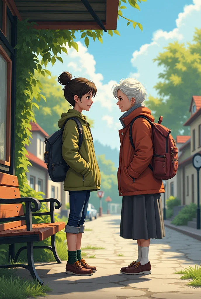 generate an image in which anya forger meet masha at bus stop