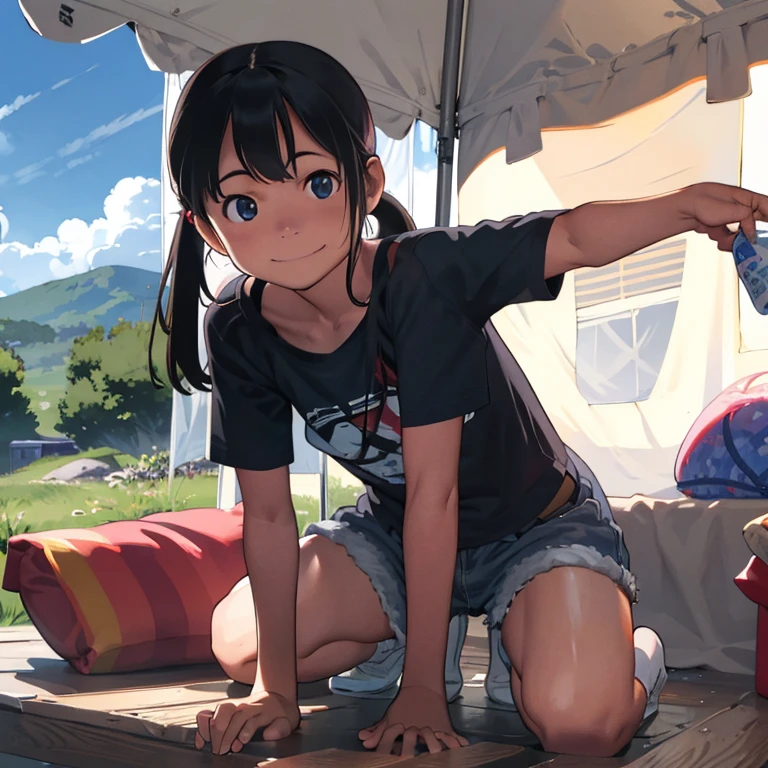 Mountains in the distance々、(campsite、camping)、Summer sun、(12yo、２People Girl)、Big Eyes、Healthy girl、Strong sunlight、Summer sun、cumulonimbus、Blue sky、(Cute smile)、Slender、small breast、cleavage、cute and beauty girl、Clear skin、(T-Shirt, shorts)、Her belly button is visible、Detailed face、Detailed Hair、detail eyes, looking at viewer、 ponytail、hair ornaments、(Inside the tent, kneeling)
