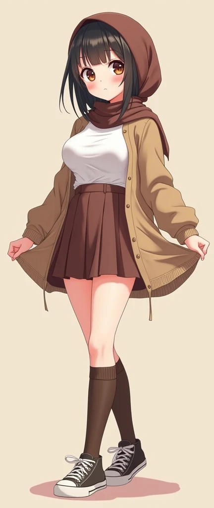 Anime with text:
(masterpiece, best quality, 4k, expressive eyes, perfect face, 2d style, flat style, hand drawn), Cute and adorable face, big detailed eyes,, Cute anime girl, big breast, thick thighs, with brown hijab on, bangs, wearing oversized beige cardigan, white shirt, brown skirt, ((brown socks, long socks)), sneakers, showing her panties, pulling up her skirt, upskirt, exposed legs, white underwear