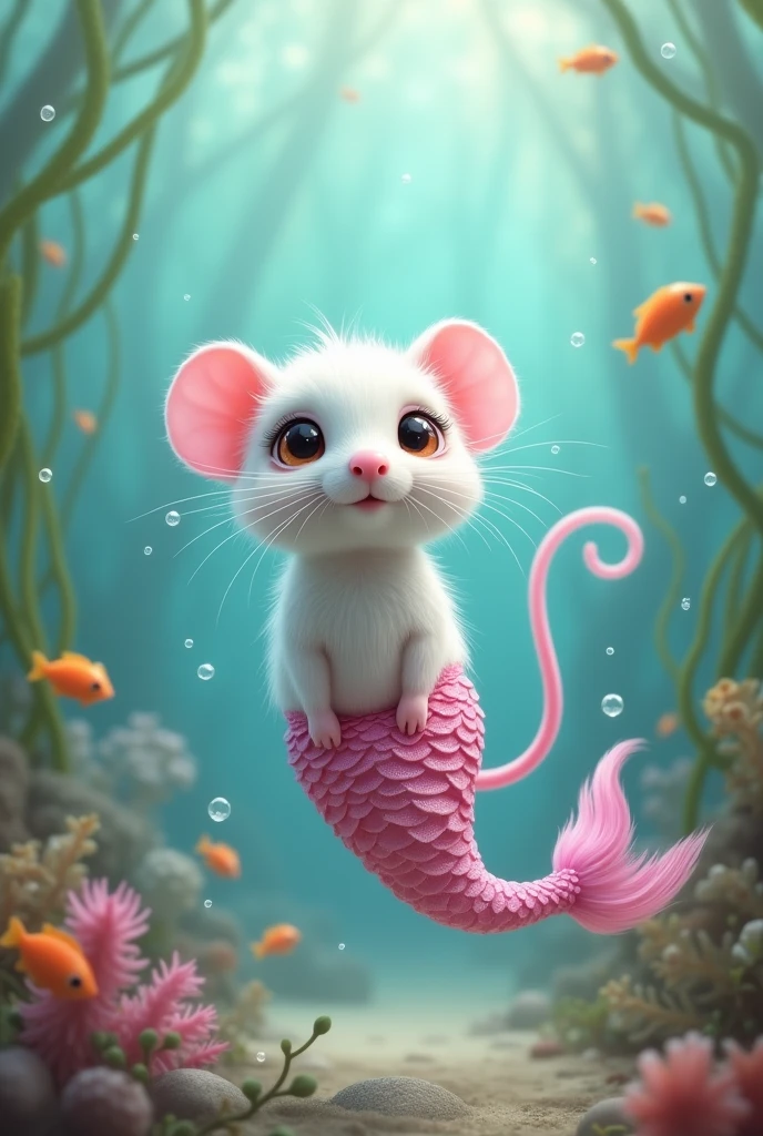 A cute white mouse with big eyes and a pink mermaid tail.