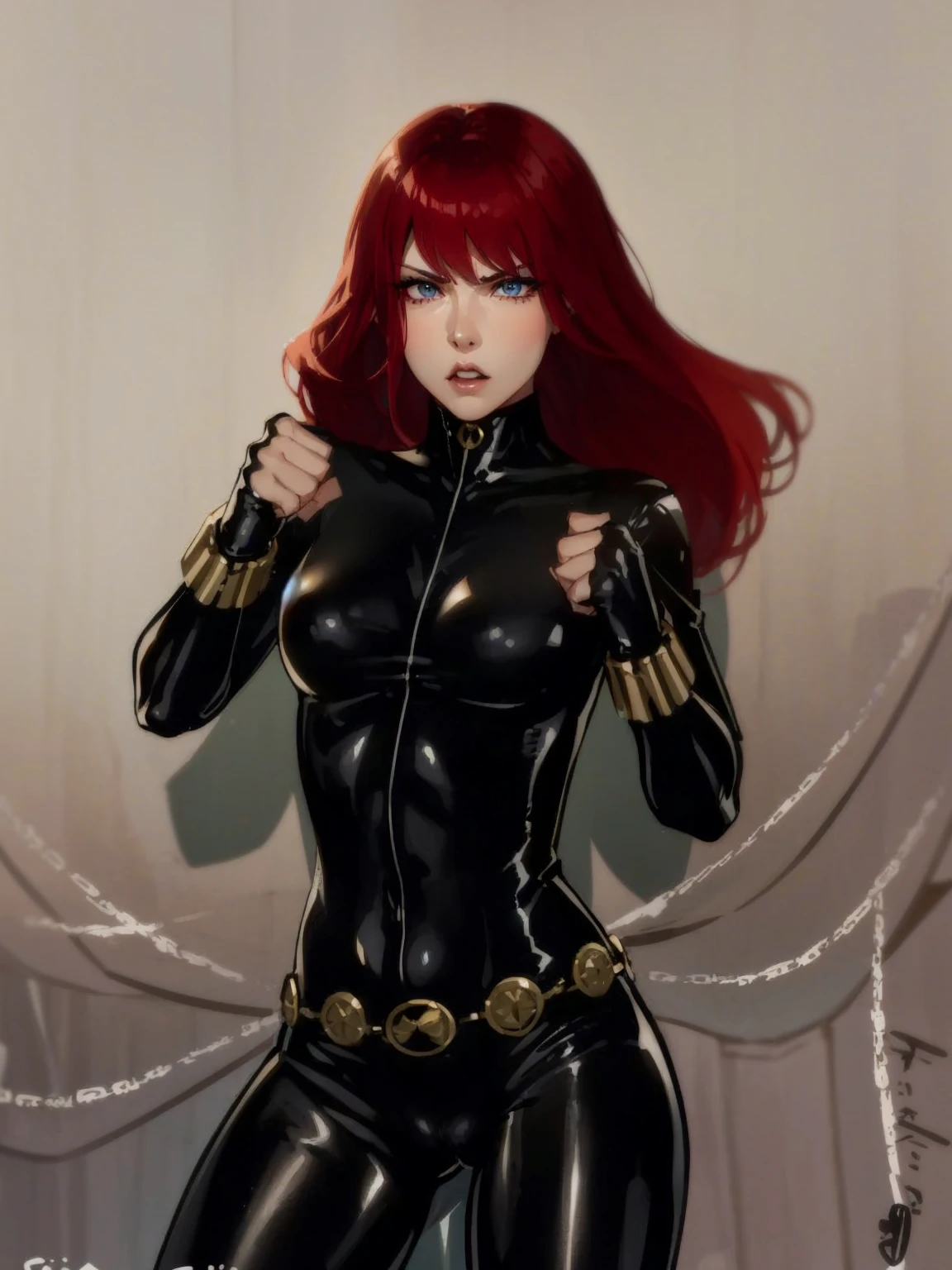 The image is a drawing of a girl with red hair dressed in a sleek skin-tight shiny black latex bodysuit with a silver zipper running down the front. The suit is complemented by her golden wrist guard on both wrists and a golden belt made of shiny circles. She has blue eyes. She stands with a strong posture, hands clenched into fists at her sides, and eyes cast with a determined or fierce gaze. In the background, there are white chains that curve upwards. Her overall stance and the background chains convey a powerful presence and a sense of energy, readiness for action, and possibly a dangerous situation.