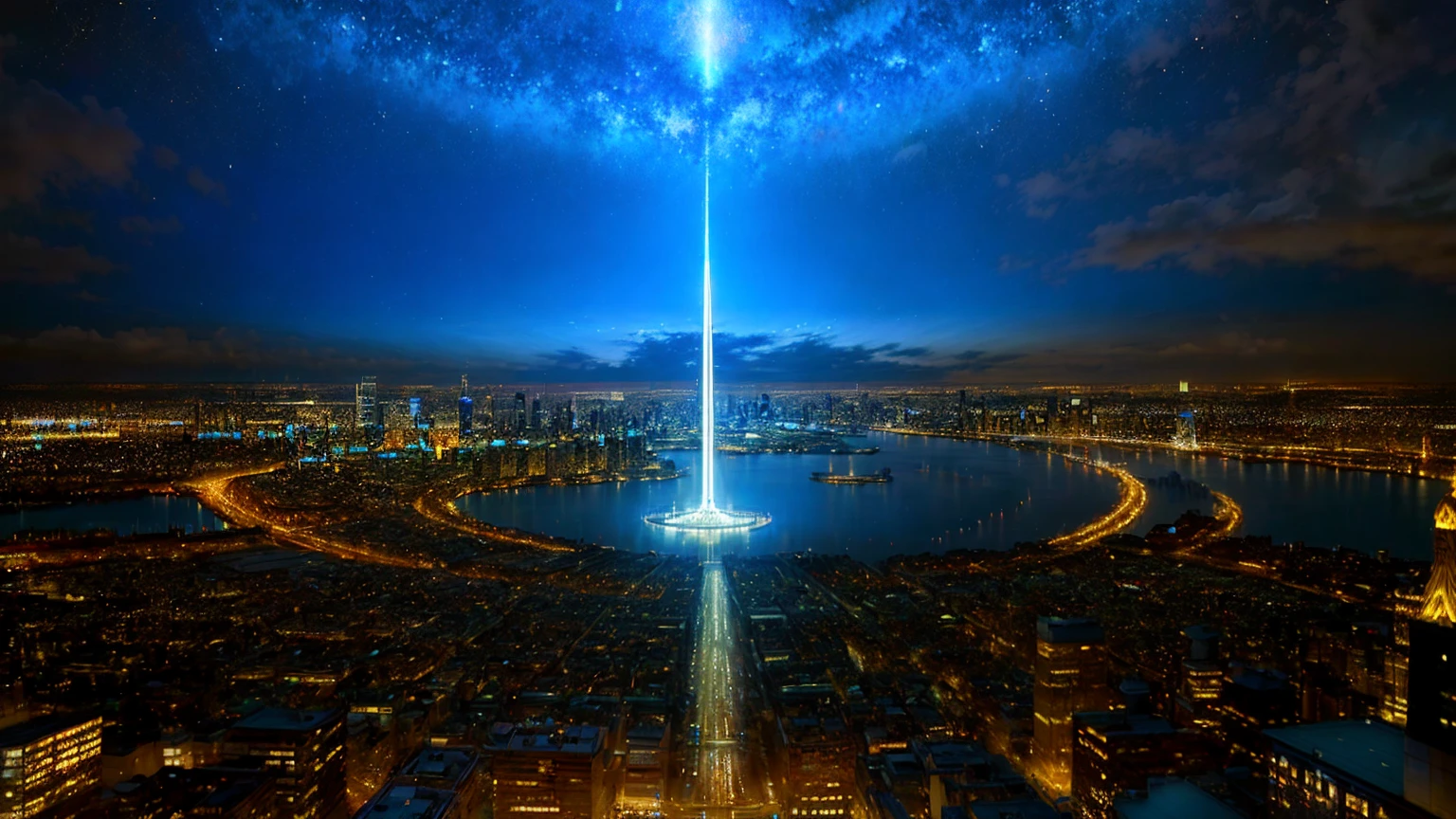 Highest quality, masterpiece, Realistic, (High resolutionの CGI アートワーク 8k), Create a landmark for your city in the sky, The theme is like air, Reflective ivory and light blue colors, High resolution, 3D-rendered masterpiece, Digital Art、night