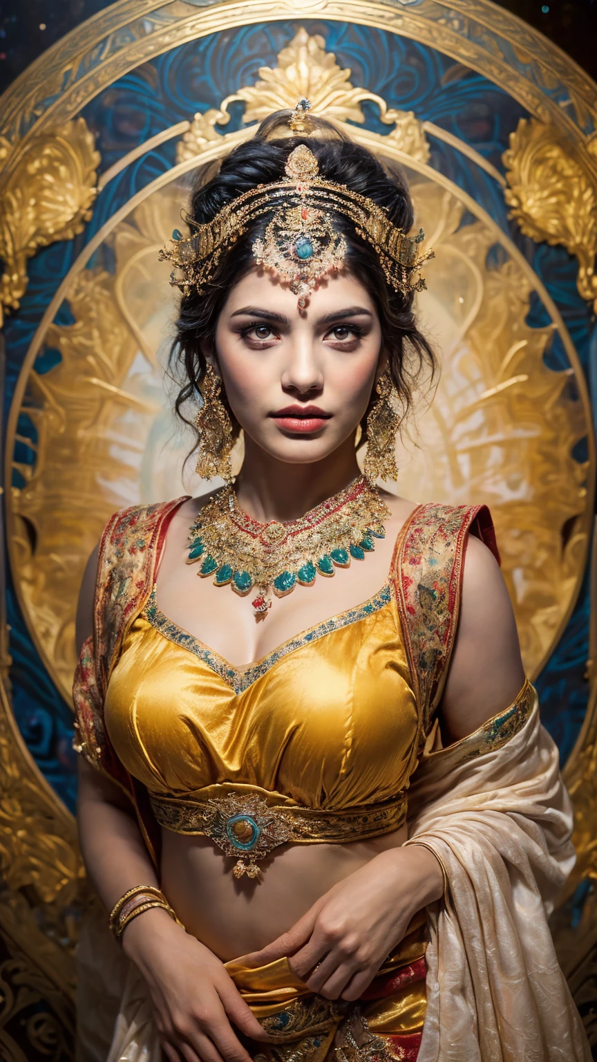 ((Best quality, 8k, Masterpiece :1.3)), Sharp focus :1.2, Generate a realistic image of a beautiful sexy Indian woman plus size body: 8.5, dressed in a white Kasava ghagara and print bra, adorned with traditional ornaments, standing in a well-lit room with cinematic lighting. ((Front view, random elegant pose)), and there is a sense of grace and elegance in her posture. The background should complement the scene, enhancing the overall aesthetic appeal of the image. Photography by Brandon Woelfel, Full shot: Canon EF 16-35mm f/2.8L III USM lens on a Canon EOS 9D Mark IV camera, ultra realistic, 32k, HD