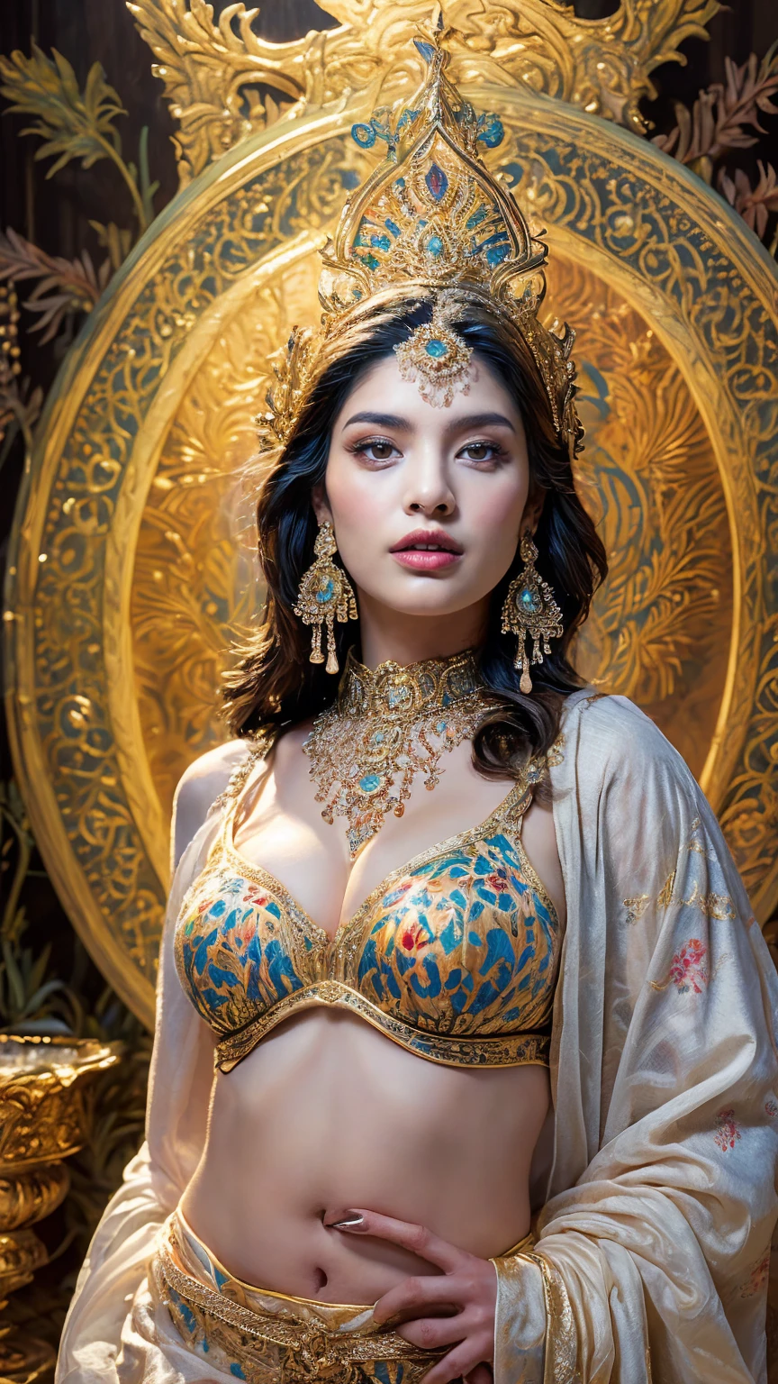((Best quality, 8k, Masterpiece :1.3)), Sharp focus :1.2, Generate a realistic image of a beautiful sexy Indian woman plus size body: 8.5, dressed in a white Kasava ghagara and print bra, adorned with traditional ornaments, standing in a well-lit room with cinematic lighting. ((Front view, random elegant pose)), and there is a sense of grace and elegance in her posture. The background should complement the scene, enhancing the overall aesthetic appeal of the image. Photography by Brandon Woelfel, Full shot: Canon EF 16-35mm f/2.8L III USM lens on a Canon EOS 9D Mark IV camera, ultra realistic, 32k, HD