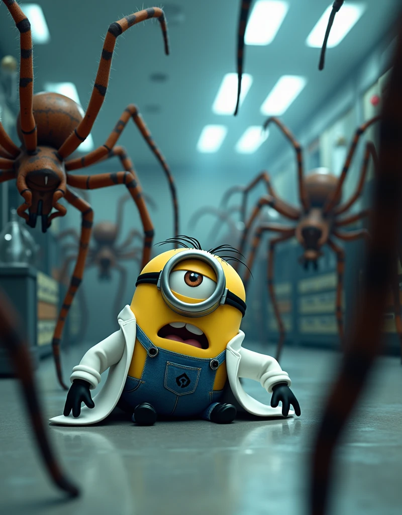 Minion Kevin white scientist suit. under attack by giant spiders. Minion Kelvin lies on the floor with a frightened look on his face. Scene of chaos. 