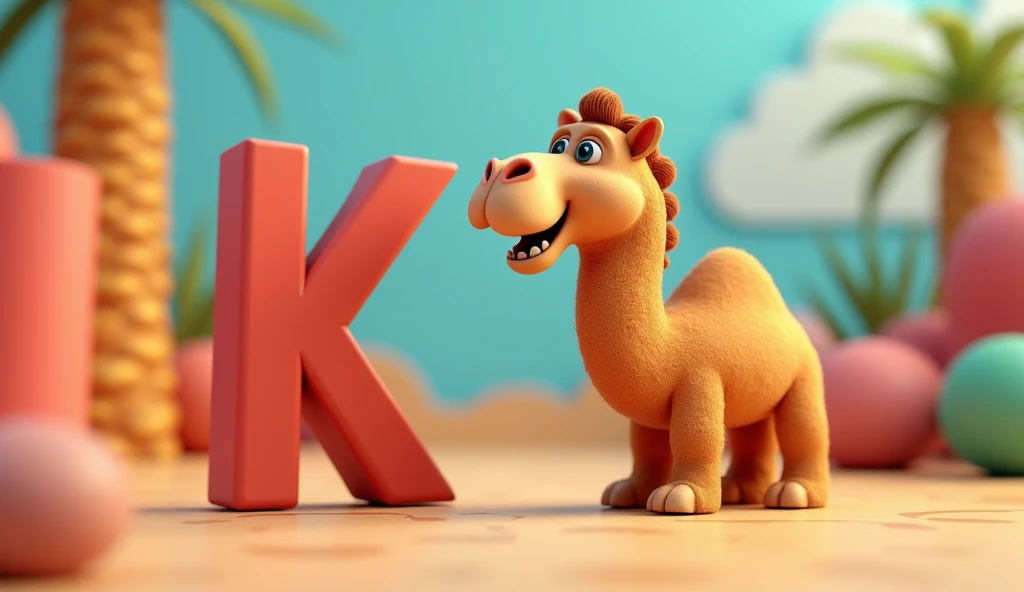 Create an animated image for alphabet K and an talking kamel with animation 3D