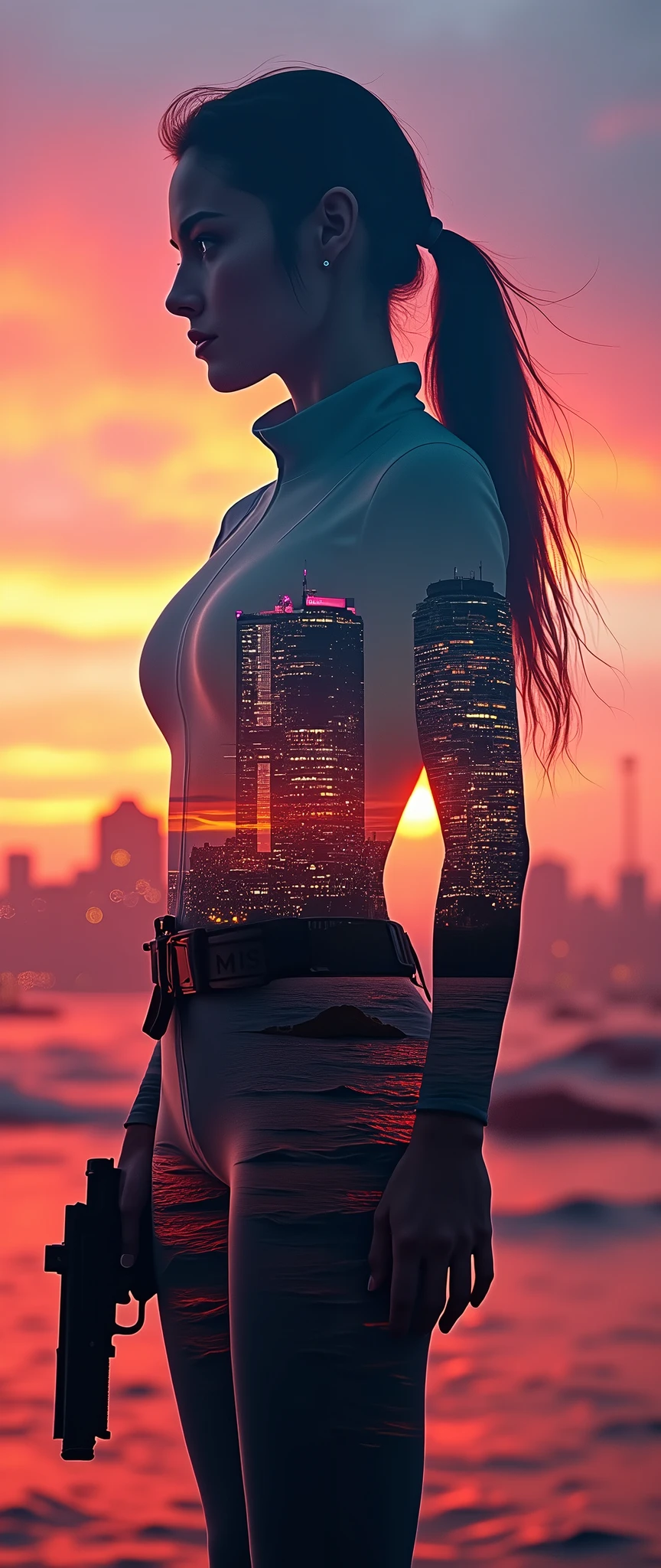 (masterpiece:1.2,Exceptional Quality,mirror-like,Cinematic Experience,Photorealistic:2.0,RAW Photos:2.0,Super detailed),8k,wallpaper(A beautiful multiple exposure of a futuristic female police officer and a futuristic neon lit future city:2.0),(Female police officer wears futuristic tactical bodysuit:2.0),(Sunset in the background:2.0),(Create the outline of a close-up of the upper body of a female police officer holding a gun:2.0),Sharp lines,Sharp Focus,Double Exposure,Full Color,(Detailed Female Hands:2.0)