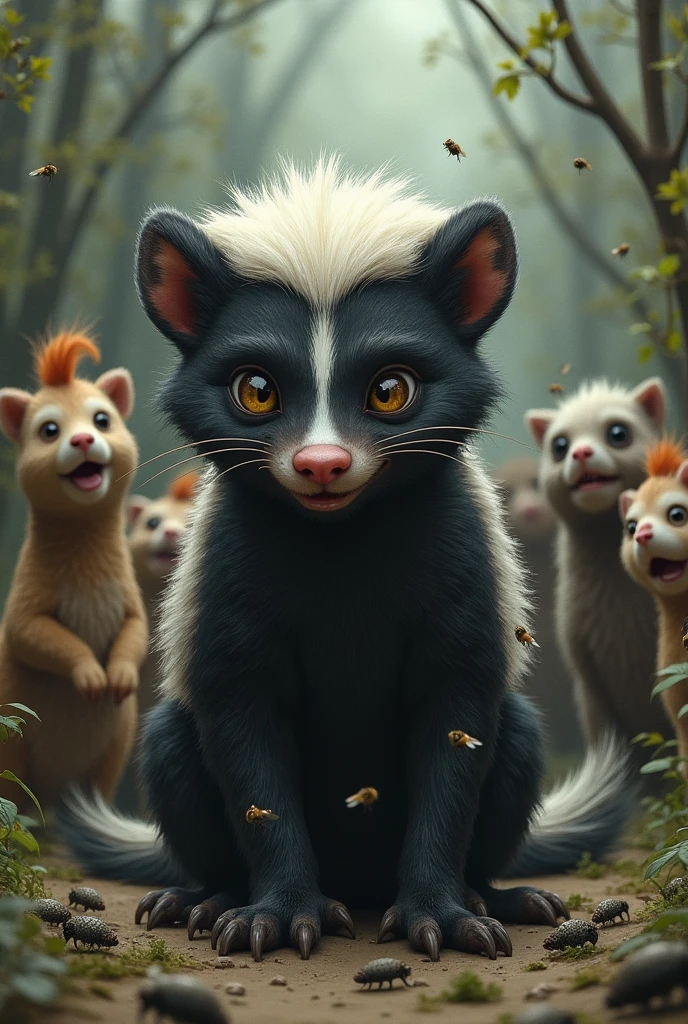 A sad skunk who hasn&#39;t bathed for 14 years with flies on him and the animals in the background vomiting

