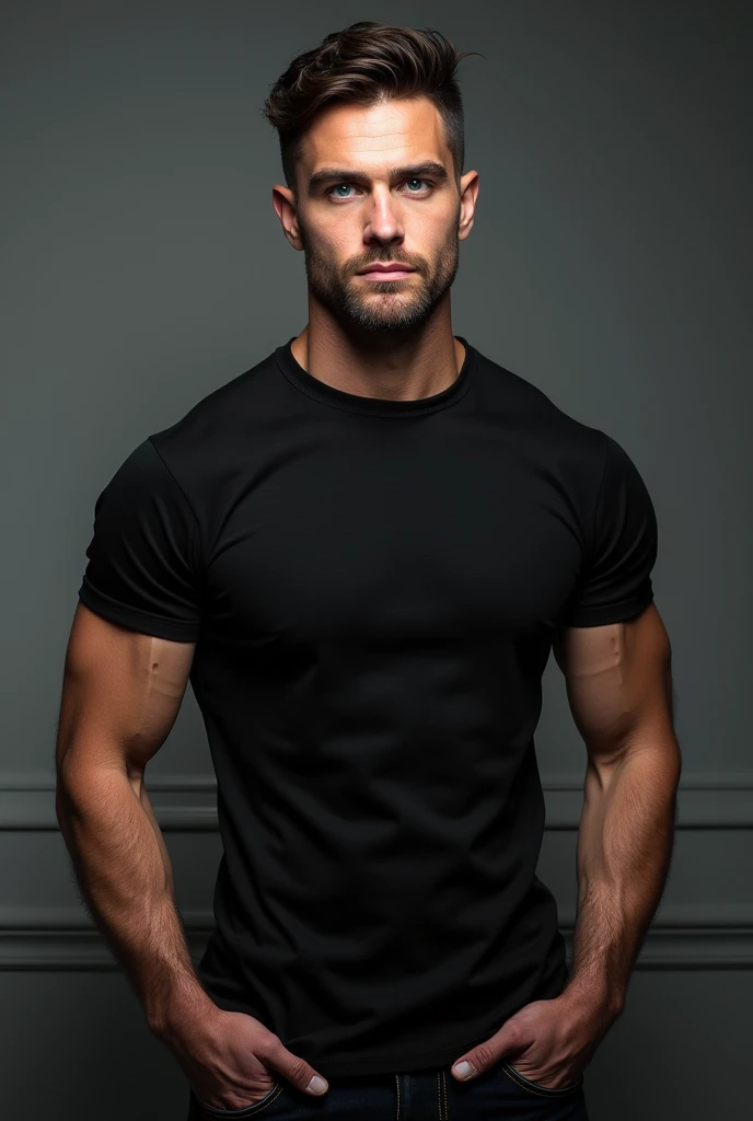 handsome man 2, toned body, short dark hair and blue eyes, black t-shirt and jeans, manly