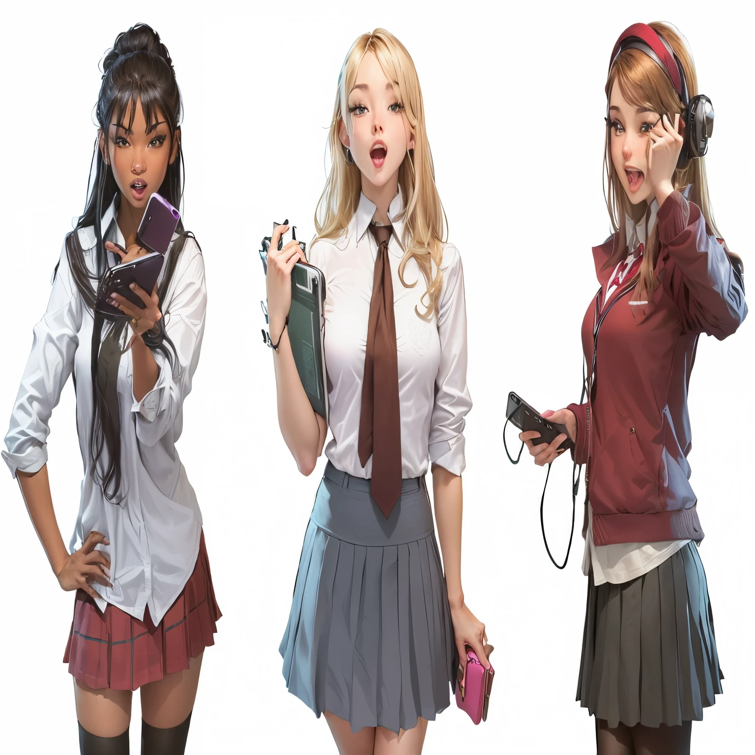 three women in school uniforms holding mobile phones and making faces, realistisches schoolgirl, hyperrealistisches schoolgirl, a hyperrealistisches schoolgirl, schoolgirl, Zenescope, Kunst im Stil von Terry Moore, Im Stil von Cory Loftis, Gwen Stacy, Adam Hughes, high schoolgirls, in the style artgerm, backshot, magical 
