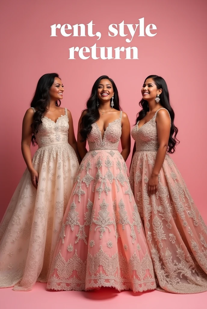 create 3 posters that i can post at the very beginning of an instagram page named” Bridal Rentals Exclusive” featuring premium rental outfits worn by indian muslim bride, hindu bride , christian bride . need in a pink background . the entire image should feel luxury. the brides are laughing . Add the Copy “RENT, STYLE, RETURN “ on the picture 