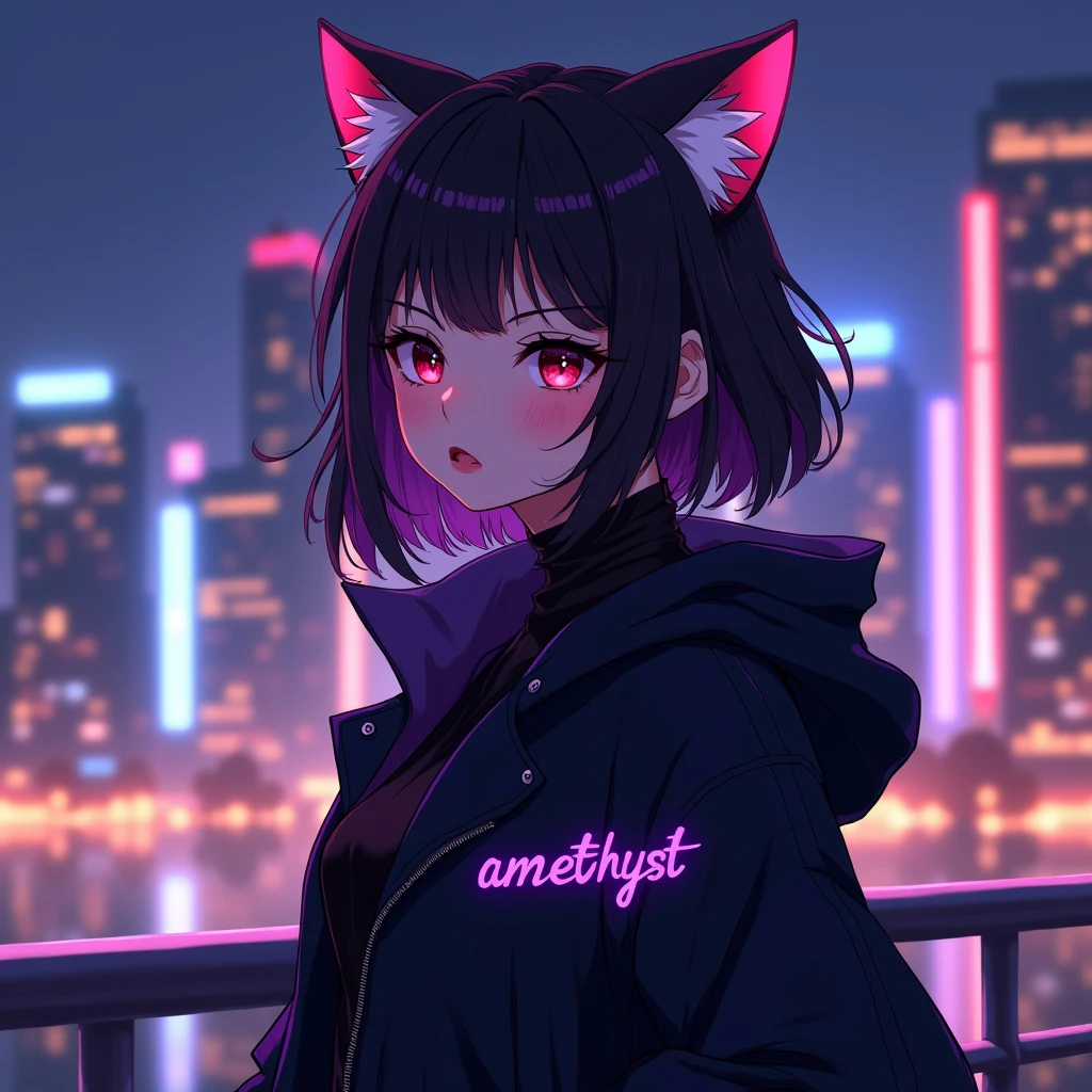 anime girl is wearing black aesthetic jacket outfit with cat ears and with a purple text "amethyst" on hes left part of her clothes, in citylights background