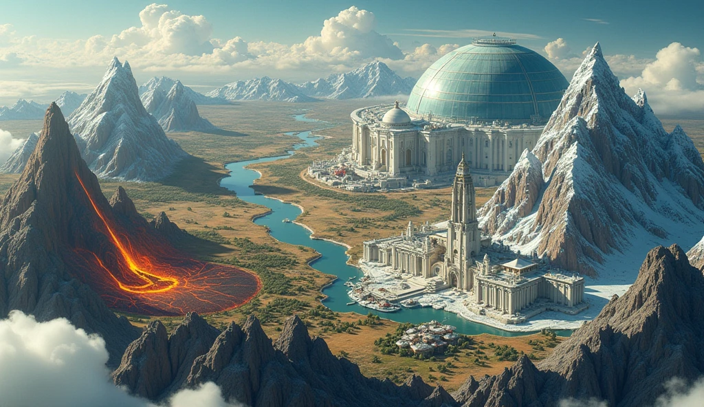 Extra large world map on fantasy planet Earth. , In a galaxy far, far away , Consists of 4 types of terrain , The western world is a volcanic world, a landscape of boiling lava, dark rocks and glowing rivers. , In the eastern world, a great city lies beneath a huge glass dome. Its inhabitants live in white, sponge-like houses, while the ruler of a magnificent palace sits atop a tower that towers over the city. The city is technologically advanced and its people enjoy prosperity., A southern world near the sea, an ideal medieval world, consisting of beautiful villages surrounded by fields and forests, that seem to come straight out of a fairy tale. , The northern world is a snow world, a beautiful landscape of snow-capped mountains and icy valleys. Beneath the peaks lies a modern metropolis deep in the ice. ,