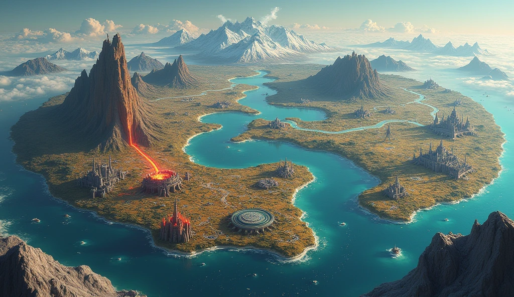 Extra large world map on fantasy planet Earth. , In a galaxy far, far away , Consists of 4 types of terrain , The western world is a volcanic world, a landscape of boiling lava, dark rocks and glowing rivers. , In the eastern world, a great city lies beneath a huge glass dome. Its inhabitants live in white, sponge-like houses, while the ruler of a magnificent palace sits atop a tower that towers over the city. The city is technologically advanced and its people enjoy prosperity., A southern world near the sea, an ideal medieval world, consisting of beautiful villages surrounded by fields and forests, that seem to come straight out of a fairy tale. , The northern world is a snow world, a beautiful landscape of snow-capped mountains and icy valleys. Beneath the peaks lies a modern metropolis deep in the ice. ,