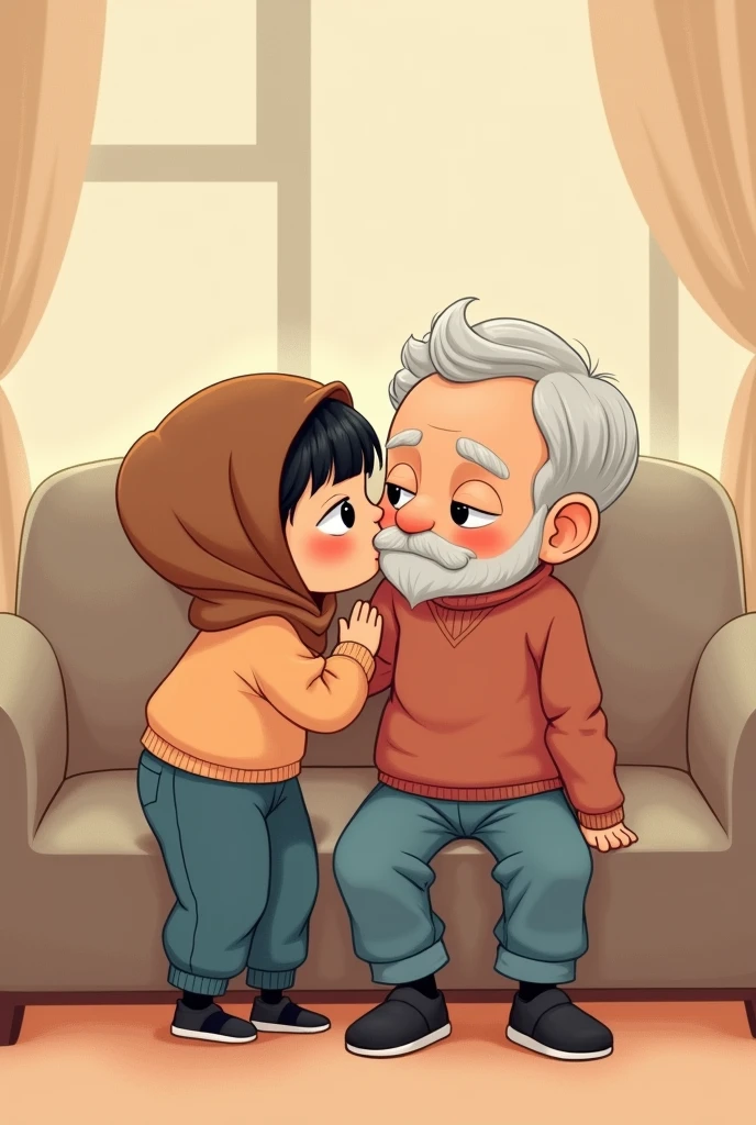 Cartoon with text: 
(masterpiece, best quality, 4k, expressive eyes, perfect face, 2d style, flat style, hand drawn, drawing, perfect illustration, screencap), Cute and adorable face, big detailed eyes,, Cute  cartoon girl, with brown hijab on, bangs, ((peach sweater, baggy jeans, black socks)), kissing an old man sitting on the couch 