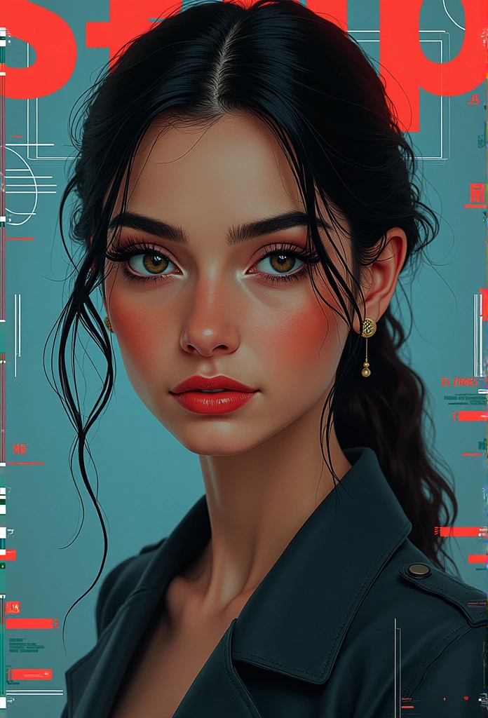 (magazine cover:1.3),Ulzzang-6500, (realistic: 1.3) (original: 1.2), masterpiece, best quality, Beautiful and clean face, full body, 1 young and beautiful perfect face woman from Egypt, Glitch Art, (Digital Distortion), Visual Clutter,Contemporary Aesthetics