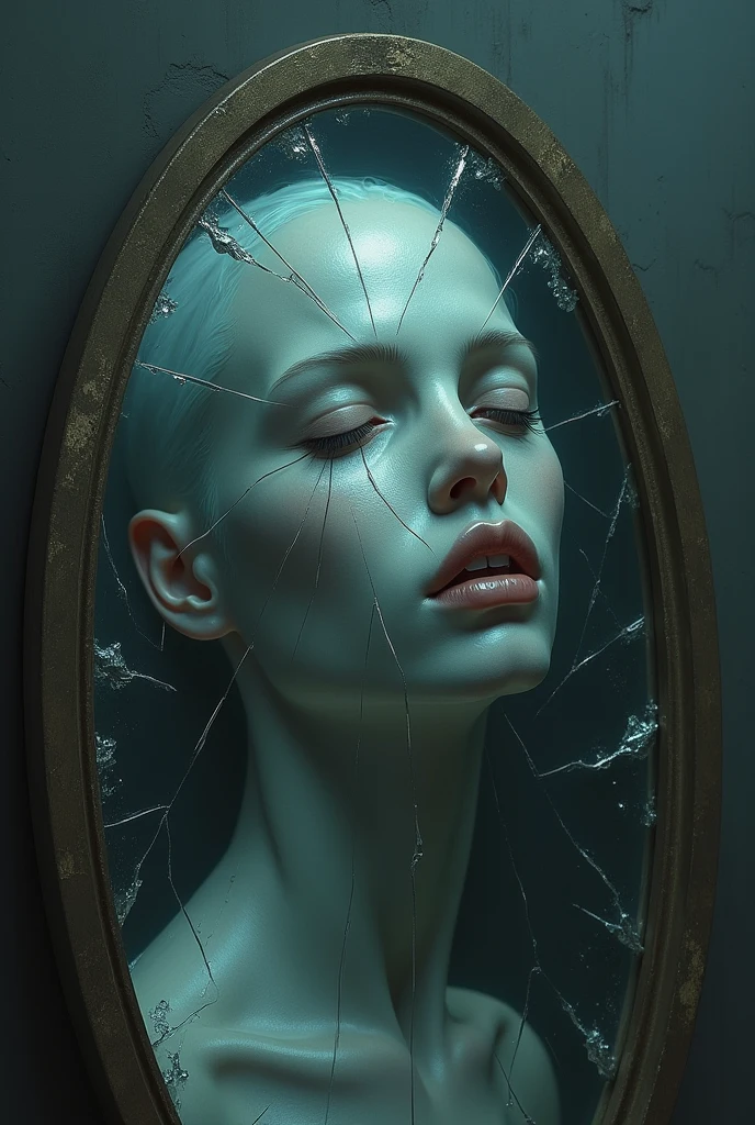 The fragility and fragmentation of the mirror reflect the silent anguish of the phantom visage.