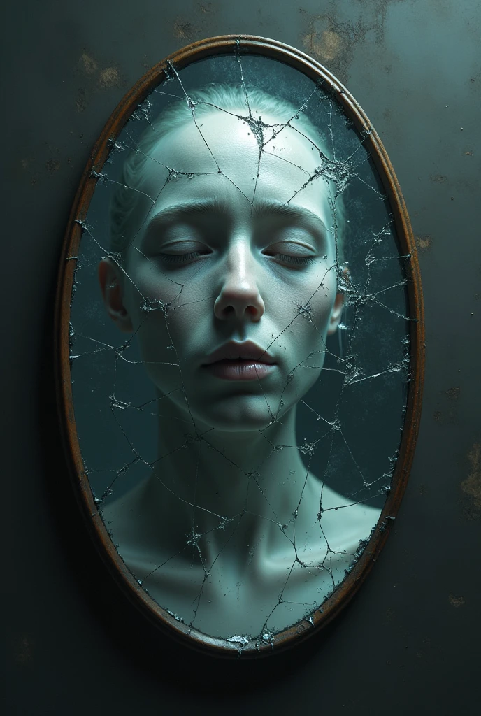 The fragility and fragmentation of the mirror reflect the silent anguish of the phantom visage.
