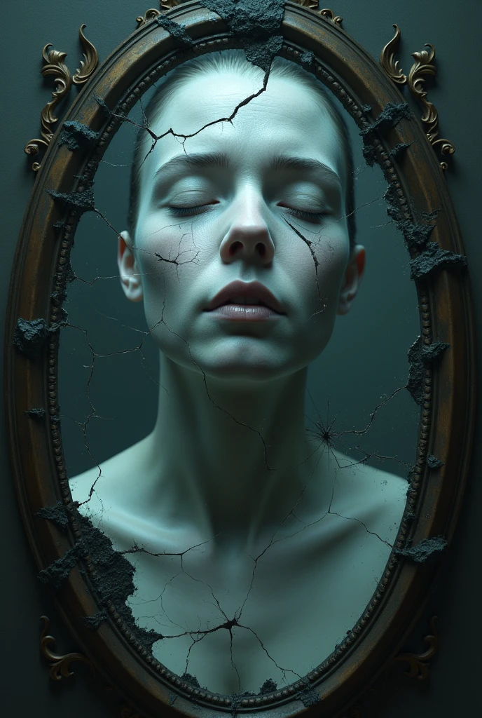 The fragility and fragmentation of the mirror reflect the silent anguish of the phantom visage.