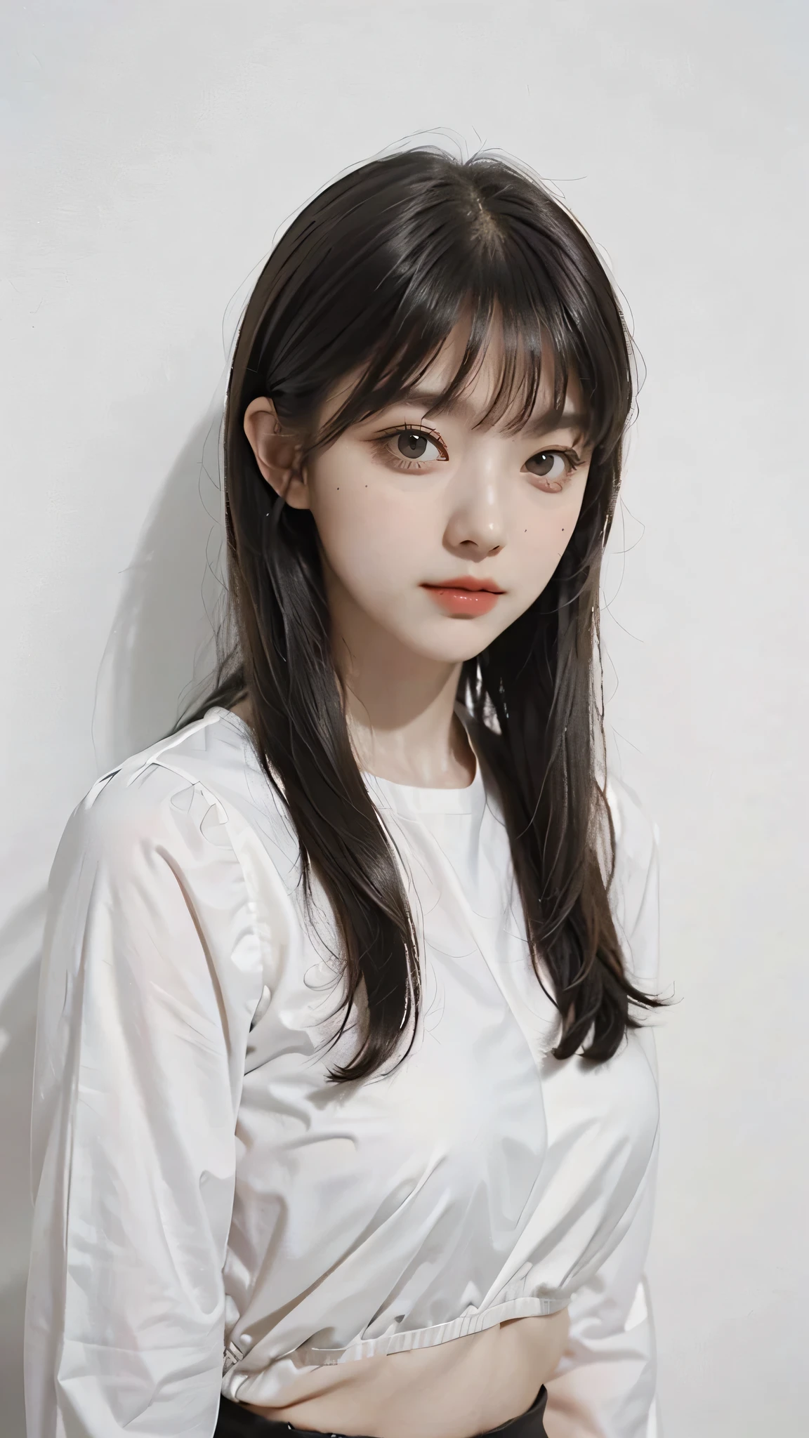 Bangs, bob hair, Black hair, white color blouse, white skin, looking at viewer, white background