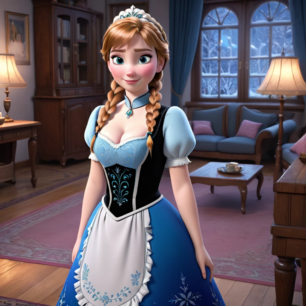 woman, ((Masterpiece, best quality)), full body view, bursting huge breasts, detailed skin, Anna from Frozen as a maid, maid clothes, clileaning the living room, highly detailed, cinematic lighting, ultra realistic, blush, looking at viewer, anna, anna from movie Frozen.