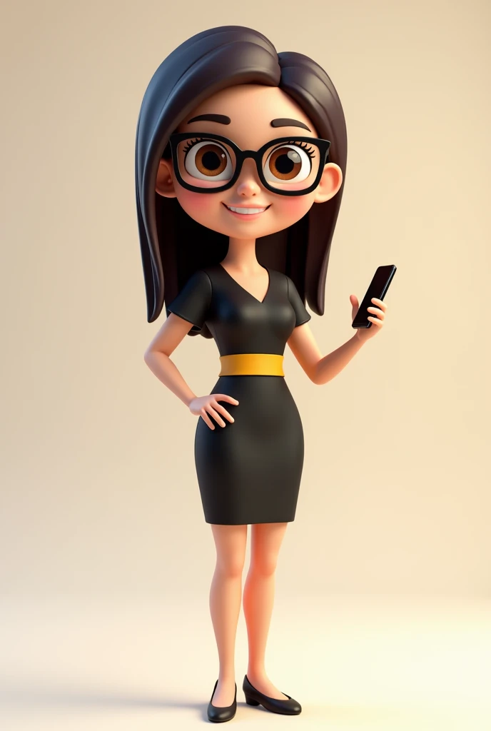 A full body 3D cartoon character. She has a friendly, charismatic appearance and is smiling. The character is a young woman with fair skin, straight dark brown hair, thick eyebrows, large brown eyes and wears glasses. His demeanor is cheerful.
The character is dressed formally, wearing a black dress with a yellow sash at the waist.
With one hand she is holding a cell phone and with the other she is pointing at the cell phone. The background of the image is neutral, which highlights the character even more.