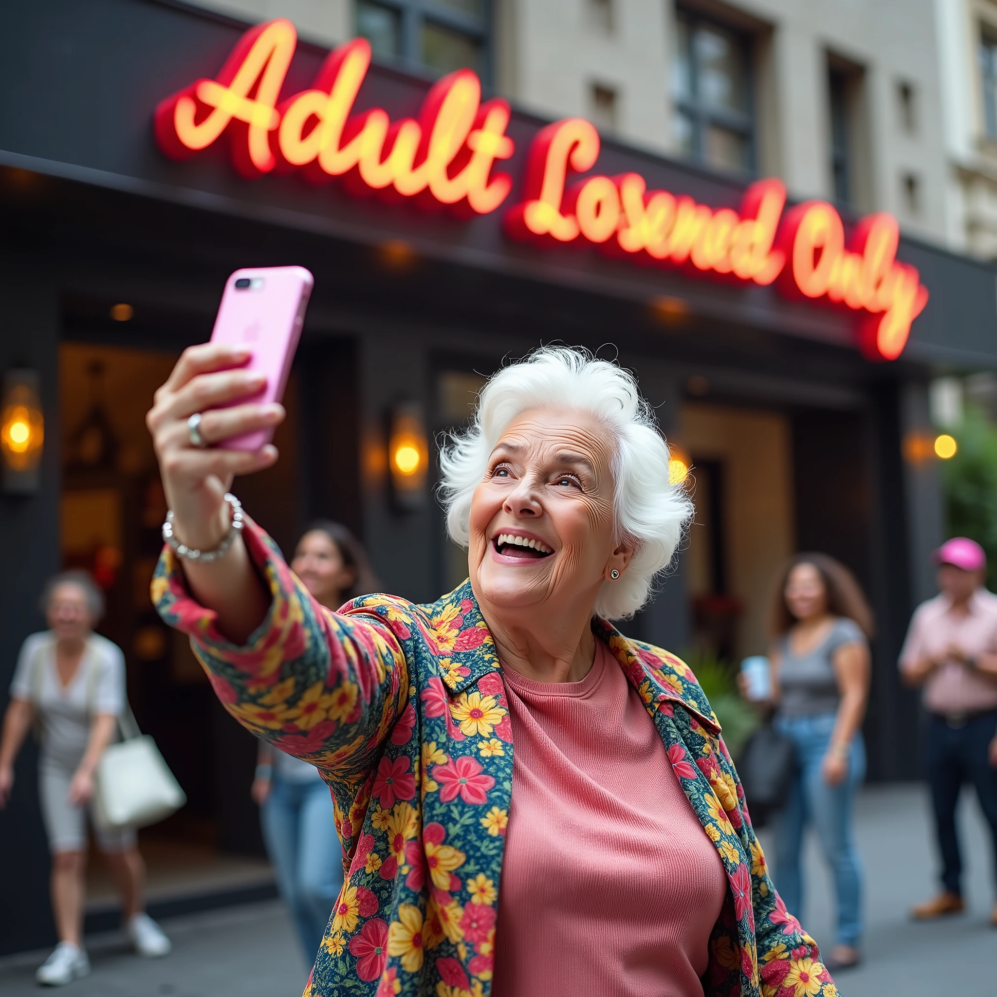 A photorealistic image captures a charmingly humorous and slightly cheeky scene where a grandmother, dressed in casual but stylish attire, is taking a selfie in front of a venue specifically for adults.
The grandmother is beaming with a broad, cheerful smile as she holds up her smartphone to take the selfie. She has an air of playful mischief about her, adding a lighthearted tone to the situation. Her outfit is colorful and trendy, contrasting with the setting.
In the background is a venue with a neon sign or flashy decor indicating it is for adults only. This could include elements like a chic bar, a lounge, or a nightclub with a sign or marquee that reads “Adults Only” or something similar. The exterior of the venue has a stylish, somewhat upscale appearance, with modern design elements that make it stand out.
The scene is set in a lively urban environment, with bright, clear daylight and bustling activity around the area. Passersby in the background might be giving curious or amused glances, adding to the humorous contrast between the grandmother’s innocent selfie and the adult-themed venue behind her.
The overall tone of the image is playful and endearing, capturing a moment of lighthearted fun as the grandmother takes a selfie in a setting that is unexpectedly juxtaposed with her cheerful demeanor. The bright lighting and vibrant surroundings add to the whimsical nature of the scene.